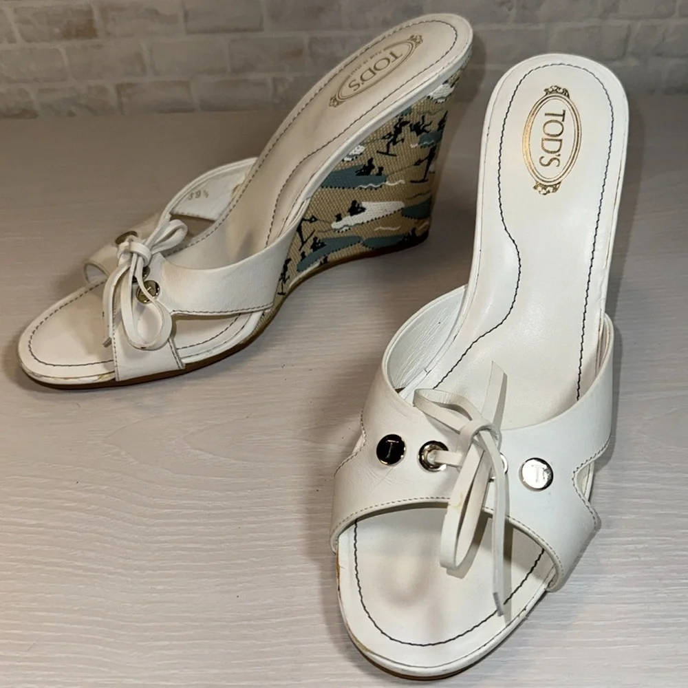 Tod's White Ribbon Wedge Wakeboard Pattern Espadrille Sandal Heel Shoes